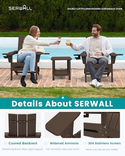 SERWALL HDPE Modern Folding Adirondack Chairs Set of 2, Cup Holders, Coffee