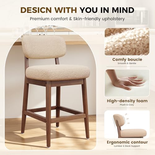 Solid Wood Counter Height Bar Stools Set of 2, Fluffy Boucle Bar Chairs with Frame, Mid-Century Modern Upholstered Stools with Backrest for Kitchen Island, Home Bar, Oatmeal