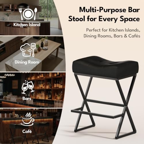Counter Height Bar Stools Set of 2, Backless 26" Saddle Barstools, Black