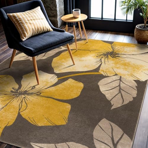 CAMILSON Solana Modern Floral 5x7 Area Rugs Non-Skid (Non-Slip) Rubber Backing Yellow - Brown Flowers Indoor Rug (5 x 7, Yellow Brown)