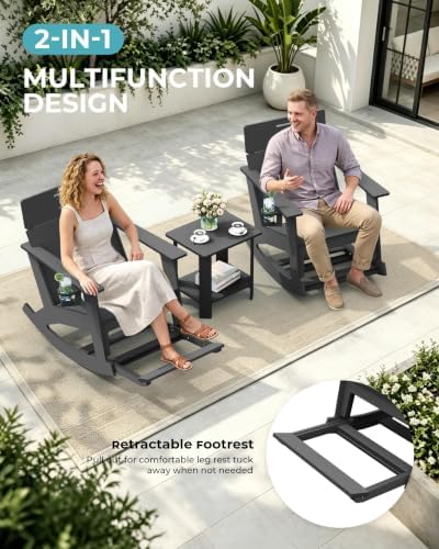 Ciokea Outdoor Rocking Chair with Pull-Out Footrest, Solid Backrest, Grey