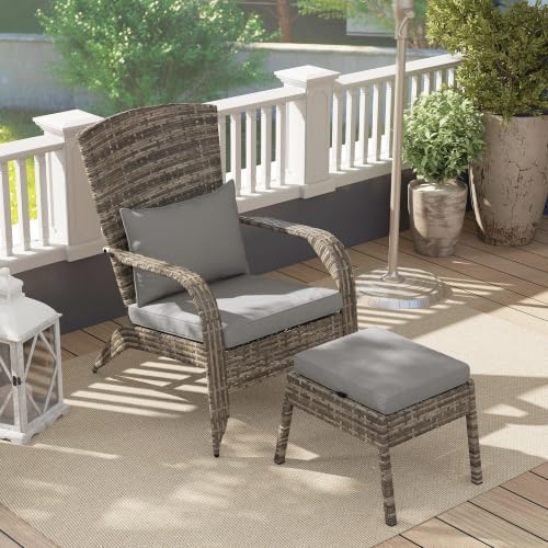 Outsunny Patio Wicker Adirondack Chair with Ottoman High-Back Gray