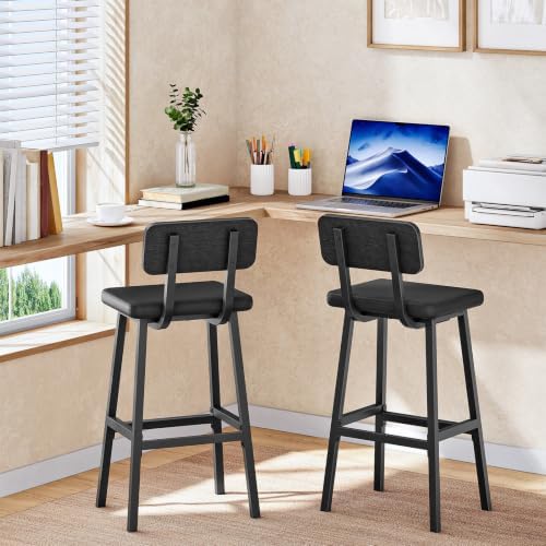 HOOBRO Black Bar Stools, Set of 2 PU Upholstered Tall Bar Stools, Kitchen Breakfast Stools with Footrests, Bar Chairs, for Kitchen, Dining Room, Bar, Cafe, Black BB84BY01G2