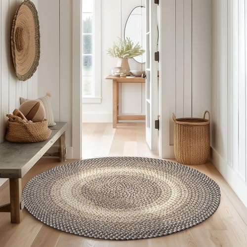 Super Area Rugs Braided Rug Round 8ft Farmhouse Kitchen Rug - Ridgewood Braided Carpet for Living Room - Reversible - Indoor/Outdoor - Made in USA - Brown Velvet/Beige, 8' Round