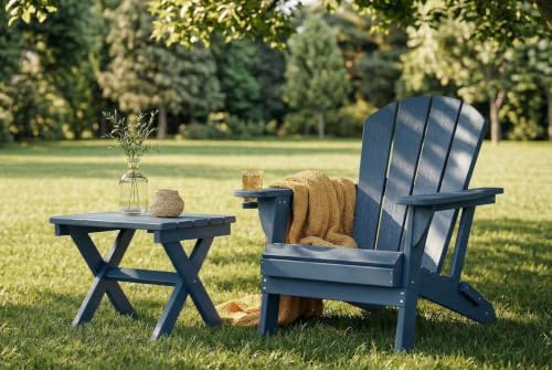Folding Adirondack Chair with Cup Holder and Phone Holder, Heavy Duty HDPE Plastic Outdoor Lounger, All-Weather Resistant Patio Chair for Backyard, Porch, Deck, Fire Pit, Navy Blue