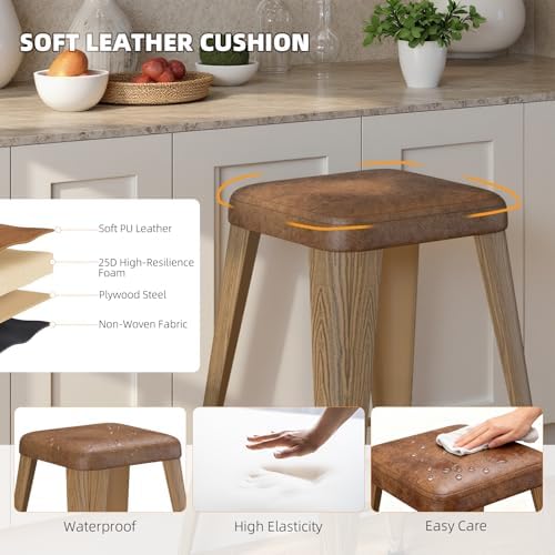 Bar Stools Set of 4, 24" Counter Height Bar Stools Backless, Upholstered Bar Stools with Metal Legs for Kitchen Island, Study Room, Cafe, Walnut