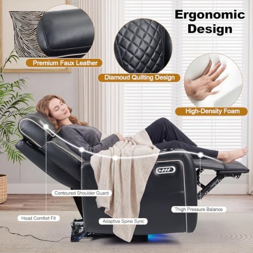 ANJ Dual Motor Power Recliner Set of 7 with Adjustable Headrest & LED Light, Faux Leather Home Theater Seating with Cup Holders & Arm Storage, Electric Reclining Chairs, Black(White Stitching)