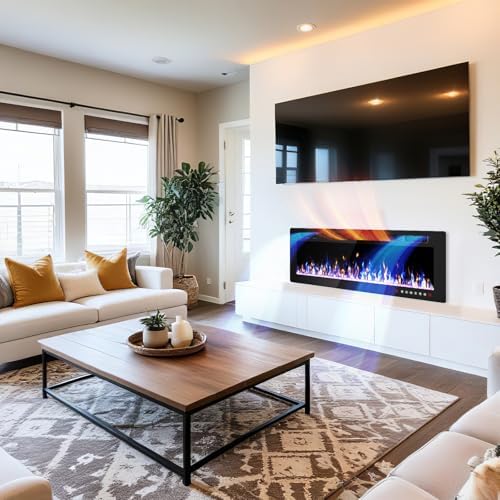 50 Inch Electric Fireplace, Ultra Thin Fire Places Electric Fireplace Inserts Recessed and Wall Mounted with Remote Control & Button Panel, 750W/1500W Fireplace Electric Heater with Timer, Multi-Flame