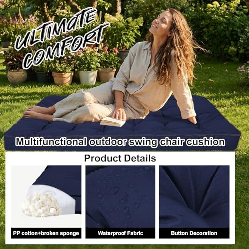 Outdoor Waterproof Porch Swing Cushion Replacement, Navy blue, 63x40in