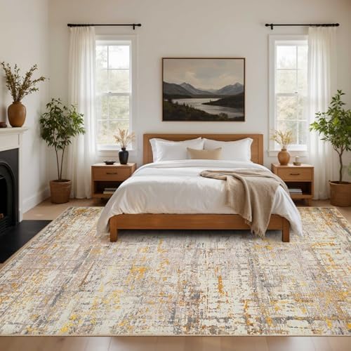 Rugxara 8x10 BeigeGold Modern Abstract Neutral Washable Rug for Living Room