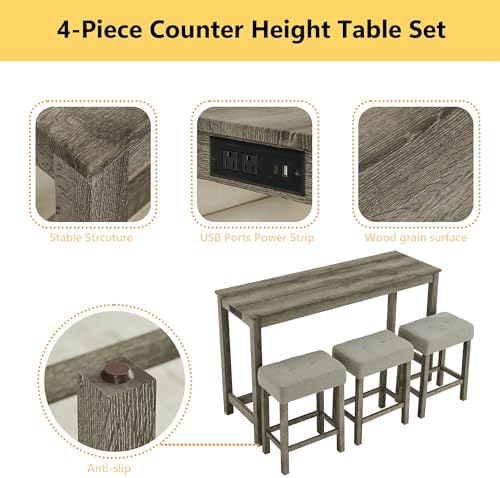 Merax 59" Bar Table Set with Power Outlet,Industrial Breakfast Table with 3 Upholstered Stools w/Footrest,4 Piece Counter Height Bar Table and Chair Set for Living Room,Dining Room,Kitchen,Brown