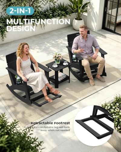 Ciokea Outdoor Rocking Chair with Pull-Out Footrest, Solid Backrest, Black