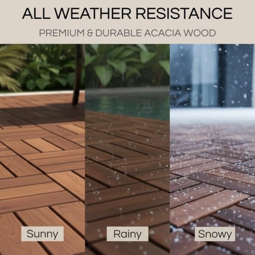 THYOI Acacia Wood Interlocking Deck Tiles (12" x 12"), Deck Flooring Outdoor Waterproof All Weather, Tiles for Patio, decking Tiles for Indoor and Outdoor use (Dark Brown 12S, 30 Pcs - 30 Square ft)