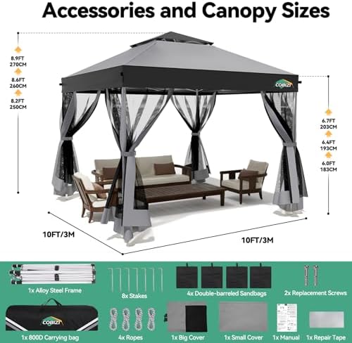 COBIZI 10x10 Pop up Gazebo, One-Push Setup Canopy Tent(Light Gray & Gray)