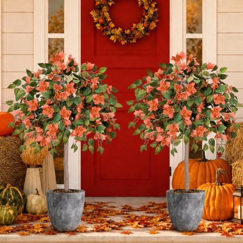 2PCS Fall Tree 4FT Artificial Bougainvillea Tree with Ground Spike UV Resistant Fake Orange Flower Topiary Plants for Outdoor Garden Patio Front Porch Autumn Thanksgiving Halloween Decor