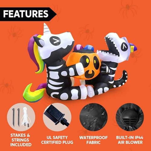 Joiedomi 6 FT Halloween Inflatables Outdoor Decorations, Sitting Skeleton Unicorn & Dinosaur with Pumpkin Blow Up Yard Decor, LED Lighted Holiday Lawn Garden Patio Outside Inflatables Decor