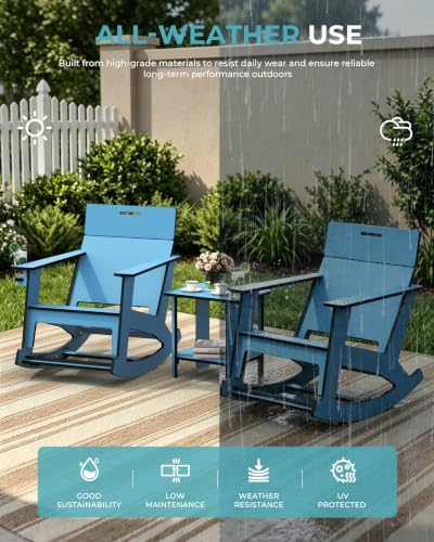Ciokea Outdoor Rocking Chair with Pull-Out Footrest, Solid Backrest, Blue