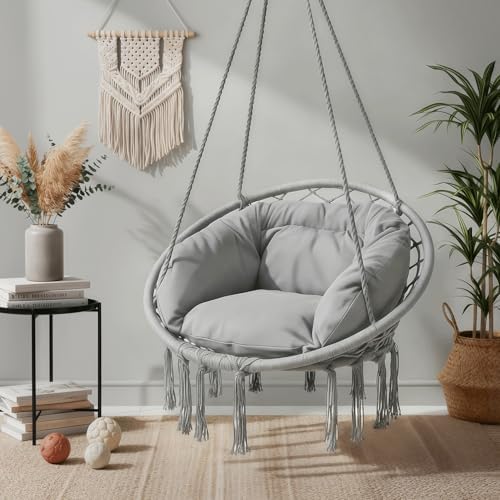 Monibloom Hanging Hammock Chair with Cushion, Macrame Swing Chair, Gray