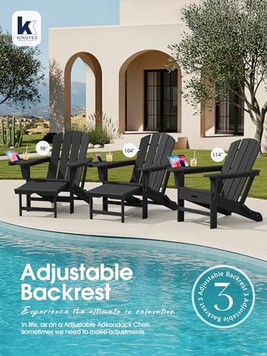 KINGYES Adjustable Folding Adirondack Chair with Footrest & 4-in-1 Multi-Functional Armrest Organizer Set of 2, HDPE Foldable Recliner Adirondack Chair with Pull-Out Ottoman, Black