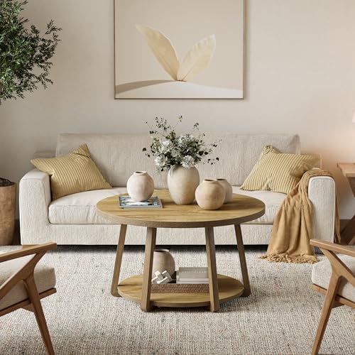 LITTLE TREE Round Coffee Table, 2-Tier Center Table with Storage