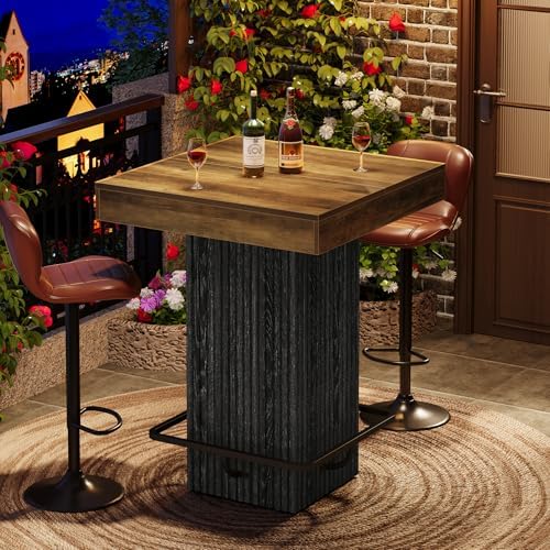 Tribesigns Square Bar Table, Kitchen Dining Table, Industrial Counter Height Pub Cocktail Table Home Bar Unit with Metal Footrest for Dining Room, Tavern, Coffee Corner, Bistro, Rustic Brown