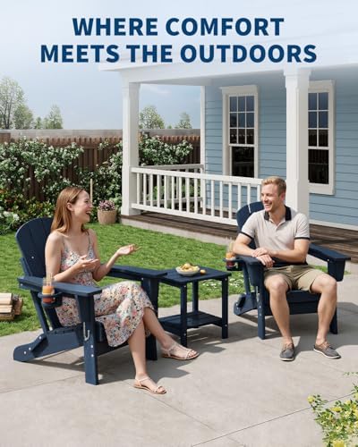 HDPE Folding Adirondack Chair Set of 2 with Side Table, Navy Blue