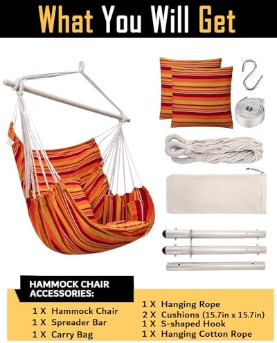 ADVOKAIR Hammock Chair Swing 500lbs Steel Bar 2 Cushions Multi Size