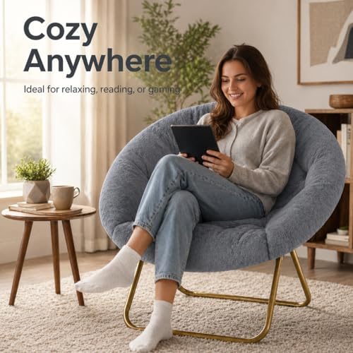Simple Deluxe Cozy Chair, Faux Fur Saucer Chair for Bedroom, Comfy Foldable Moon Chair, Round Fluffy Chair for Living Room, Fuzzy Saucer Chairs for Adults Room, Gray