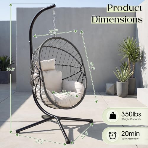 LEX CRAFT Hanging Egg Chair with Stand, Swinging Egg Chair Outdoor Indoor, Hanging Basket Chair with Cushion, Patio Wicker Hammock Chair 350lbs Capacity (Gery-Beige)