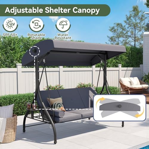 Aoxun Outdoor Porch Swing with Stand and Canopy, 3 Seats Outdoor Swings for Adults, Convertible 2 in 1 Swing Bed with Cup Holder, Patio Swings with Thicken Cushions for Garden, Yard & Balcony, Grey