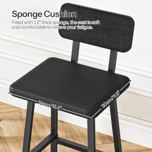 HOOBRO Black Bar Stools, Set of 2 PU Upholstered Tall Bar Stools, Kitchen Breakfast Stools with Footrests, Bar Chairs, for Kitchen, Dining Room, Bar, Cafe, Black BB84BY01G2