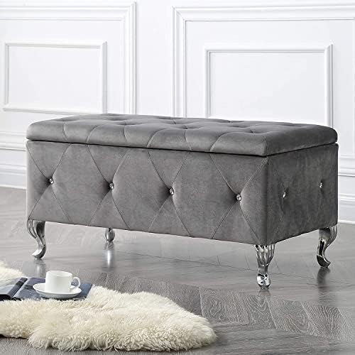 AC Pacific Glam 38 Inches Storage Ottoman Bench for Entryway, Hallway, Living Room, and Bedroom, Upholstered Tufted Faux Leather Ottoman with Storage, Foot Rest and Organizer, Fossil Gray