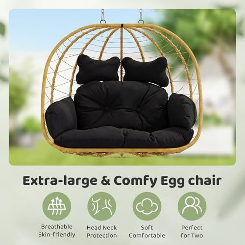 Bifanuo Double Hanging Egg Chair with Stand, Outdoor Indoor Swing Chair with Removable Cushion for 2 Person, Heavy Duty 700LBS Capacity for Patio, Bedroom, Garden (Yellow-Black)