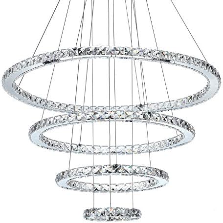 Crystal Chandeliers Modern LED Ceiling Lights Fixtures Pendant Lighting Dining Room Chandelier Contemporary Adjustable Stainless Steel Cable 4 Rings DIY Design D31.5+23.6"+15.7"+7.8"