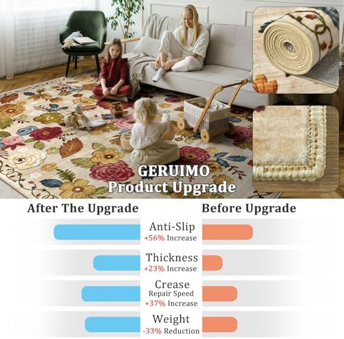 Washable 8x10 Area Rug, Beige Boho Floral Non-Slip for Living Room, Bedroom