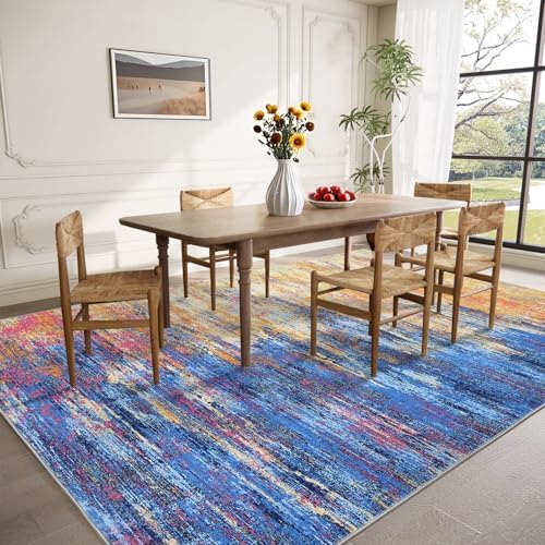 ROYHOME Modern Abstract Living Room Rug 8x10, Blue/Orange