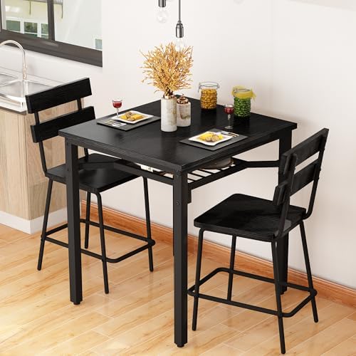 Hooseng 3 Piece Bar Table and Chairs Set, Counter Height Small Dining Table with 2 Bar Stools, Farmhouse Square Kitchen Table with Storage for Bistro, Pub, Small Space