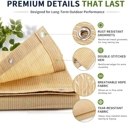 90% Outdoor Sun Shade Cloth, 6’ x 20’, Pergola, Deck, and Backyard Patio Sunshade with UV Protection, Heat Resistant HDPE Material, Reinforced Grommets (6x20 FT,Wheat)