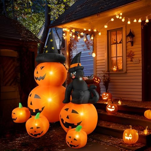 6Ft Halloween Inflatable Decorations Pumpkins Patch Lanterns with Black Cat with Build-in LEDs Blow Up Inflatables for Outdoor Decoration Balcony Home Lawn Patio