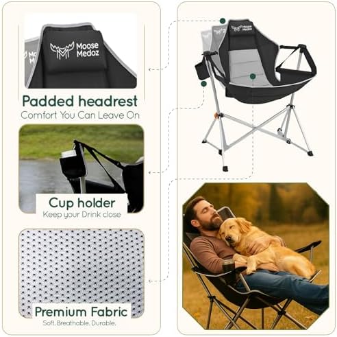 Hammock Camping Chair – Folding Swing Chair with Headrest & Cup Holder, 300 lbs Support, Breathable Mesh, Portable & Lightweight for Outdoor, Camping, Fishing, Patio & Travel