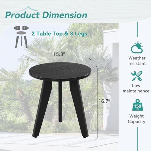 HDPS Outdoor Side Table, Small Round End Table for Outdoor, Black