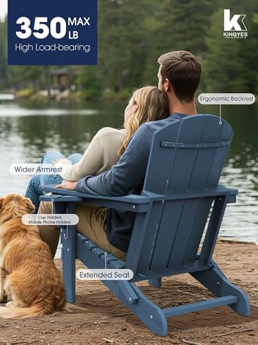 KINGYES Folding Adirondack Chair Set of 2 with 2 Cup Holders, Navy