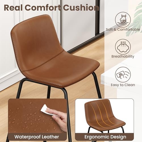 REONEY Bar Stool Set of 3, 26" Urban Faux Leather Counter Stool, Dark Brown