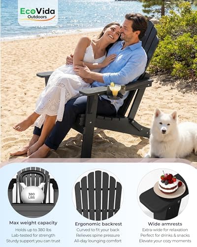 HDPE Folding Adirondack Chair with 2 Cup Holders, Black