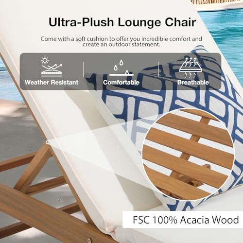 Patiorama Patio Acacia Wood Chaise Lounge Chair of 4, Pool Chair, Cream