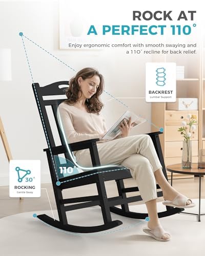 Ciokea Oversized Outdoor Rocking Chairs Set of 6, 380lbs Heavy-Duty Large Patio Rocker, High Back Cozy Porch Chairs, Weather Resistant Patio Rocking Chairs for Outside, Fire Pit, Deck, Black