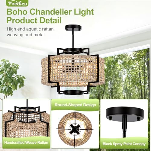 18" rattan chandelier, 4-light boho pendant light for, side view