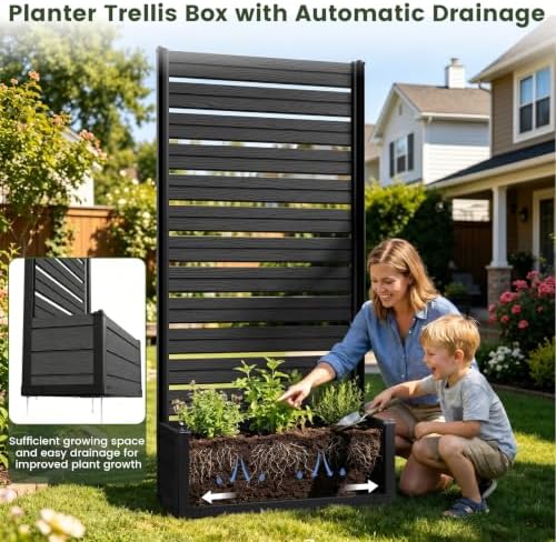 Plastic Raised Garden Bed with Trellis, 73.8"x36"x14" Planter Box for Climbing Plants, Vegetables & Vines,(Black-Louver)