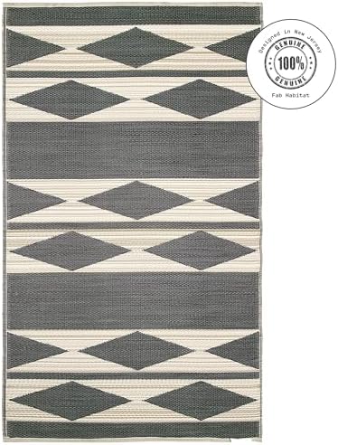 Fab Habitat Outdoor Rug - Waterproof, Fade Resistant, Crease-Free - Premium Recycled Plastic - Neutral Geometric Tribal - Patio, Porch, Deck, Balcony - Cairo - Natural & Black - 5 x 8 ft