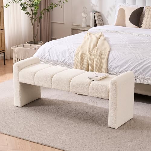 54" Boucle Bench for Bedroom Window End of Bed, Ivory White